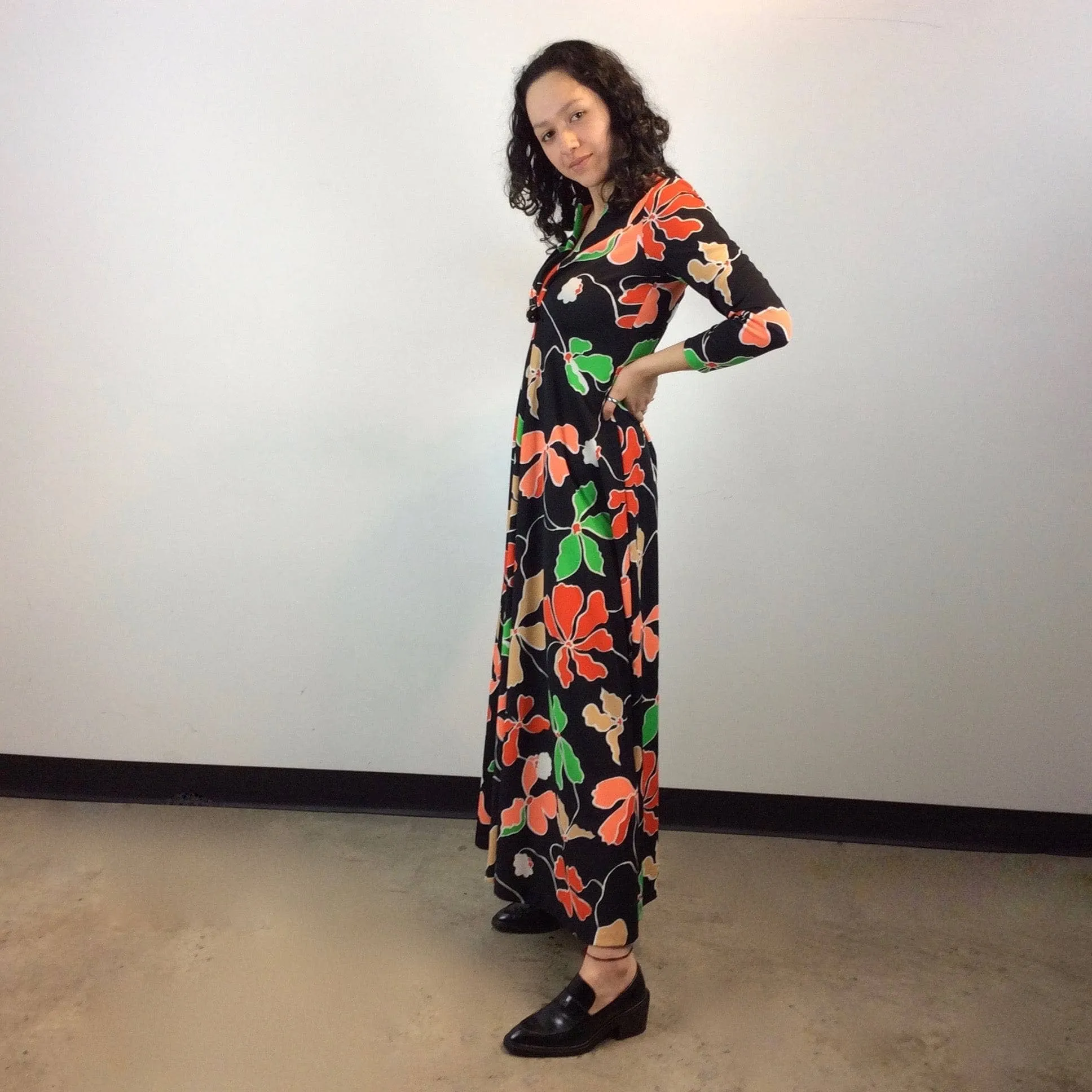 1970s Bold Print Plunge Neck Long Sleeve Maxi Dress Medium