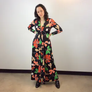 1970s Bold Print Plunge Neck Long Sleeve Maxi Dress Medium