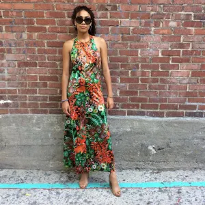 1970s Flower Print Halter Top Maxi Dress Small/Medium