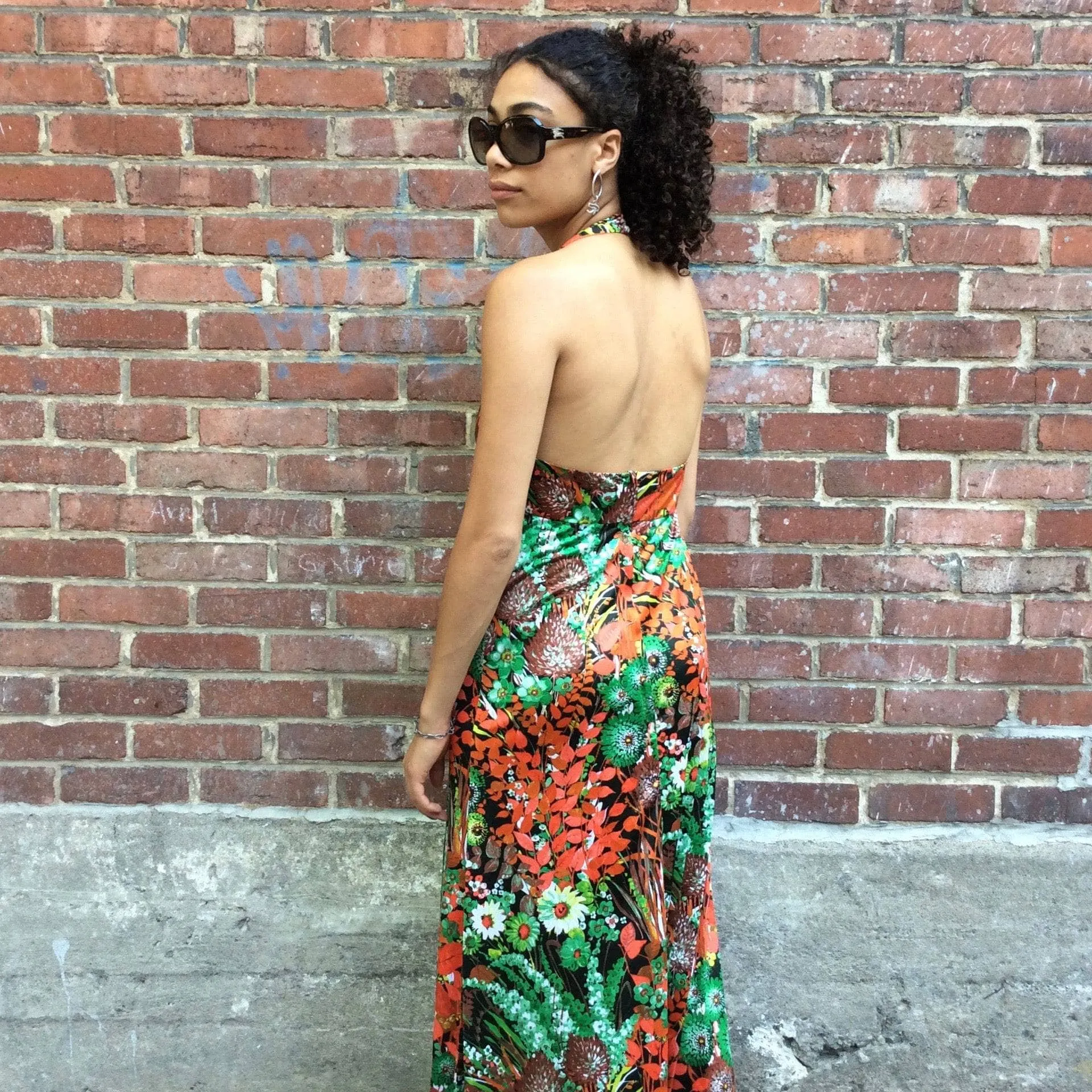 1970s Flower Print Halter Top Maxi Dress Small/Medium