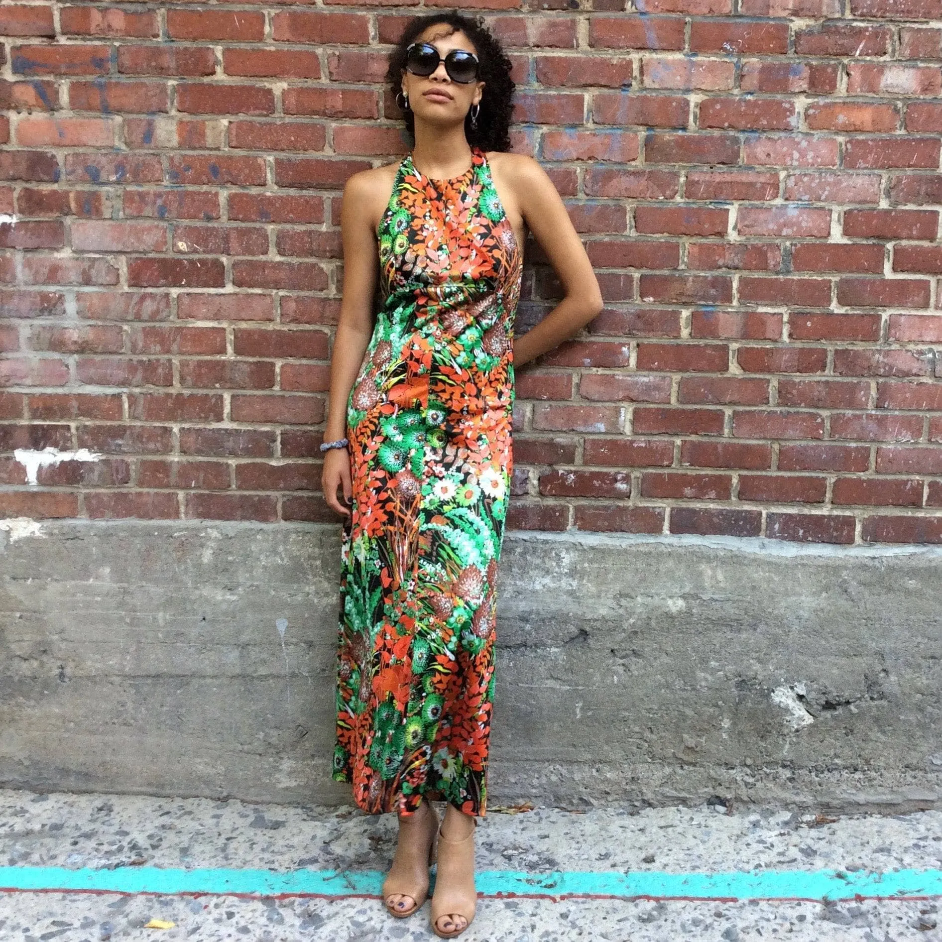 1970s Flower Print Halter Top Maxi Dress Small/Medium