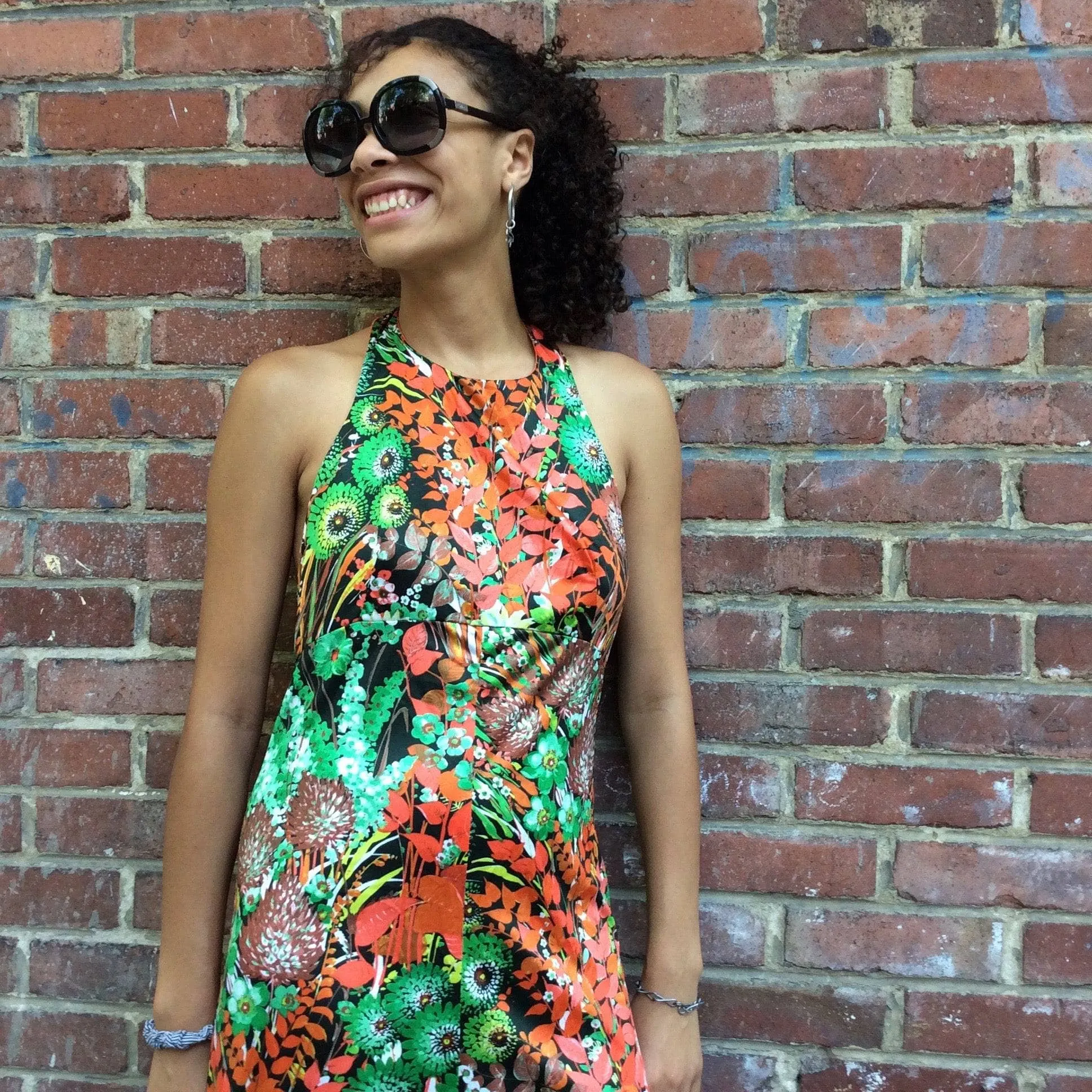 1970s Flower Print Halter Top Maxi Dress Small/Medium