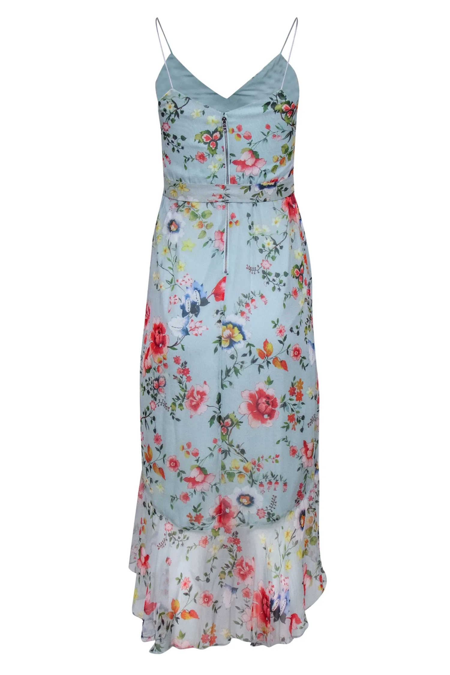 Alice & Olivia - Mint Green Floral Print Ruffled Silk Midi Dress Sz 0