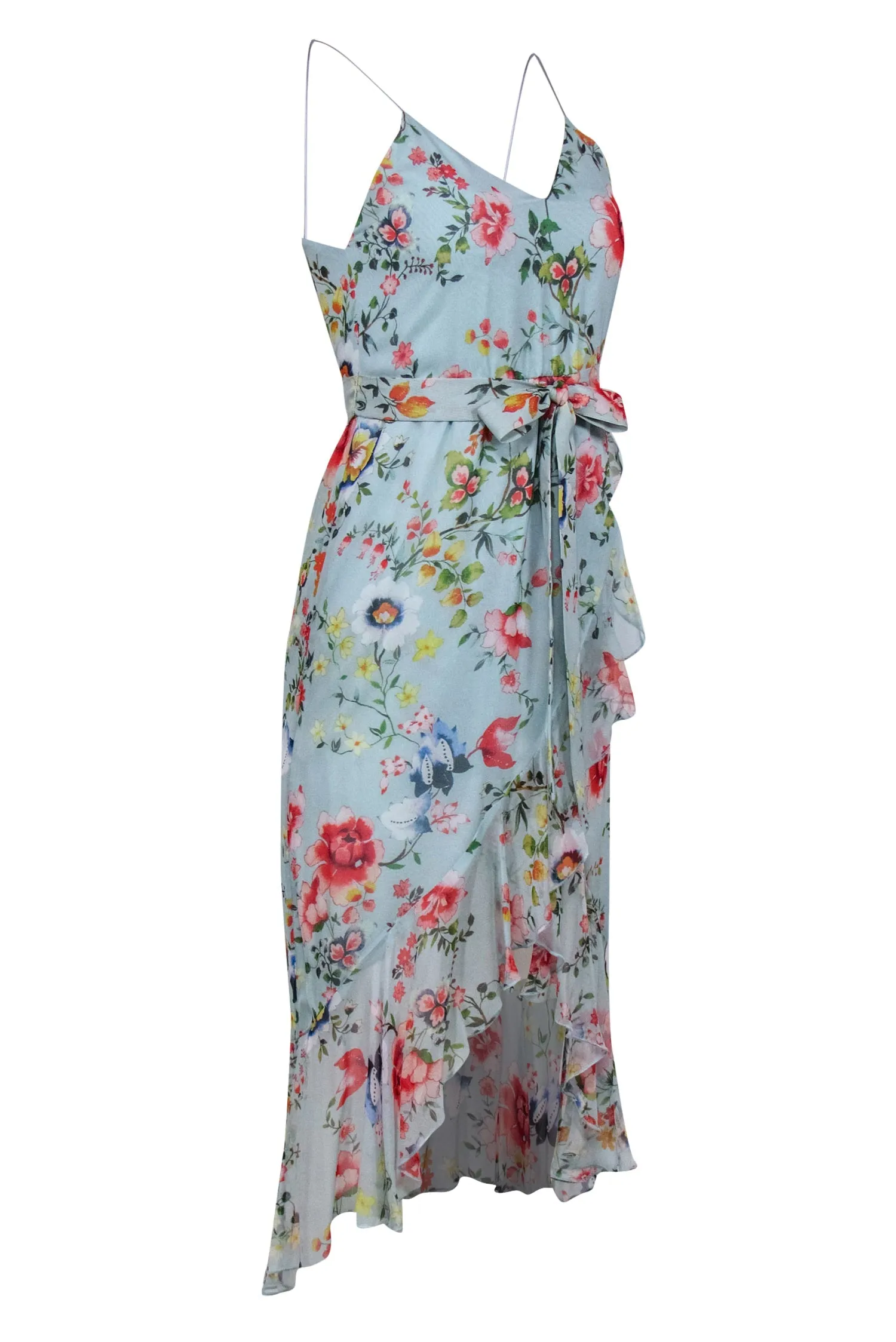 Alice & Olivia - Mint Green Floral Print Ruffled Silk Midi Dress Sz 0