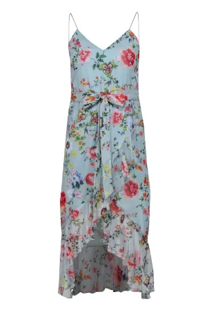Alice & Olivia - Mint Green Floral Print Ruffled Silk Midi Dress Sz 0