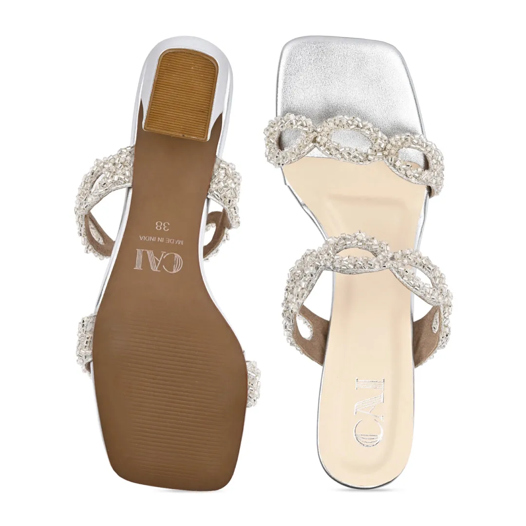 Beaded Eyelit Silver Heels
