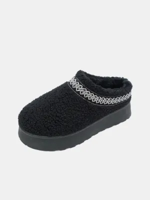 Black Embroidered Trim Platform Sherpa Slippers