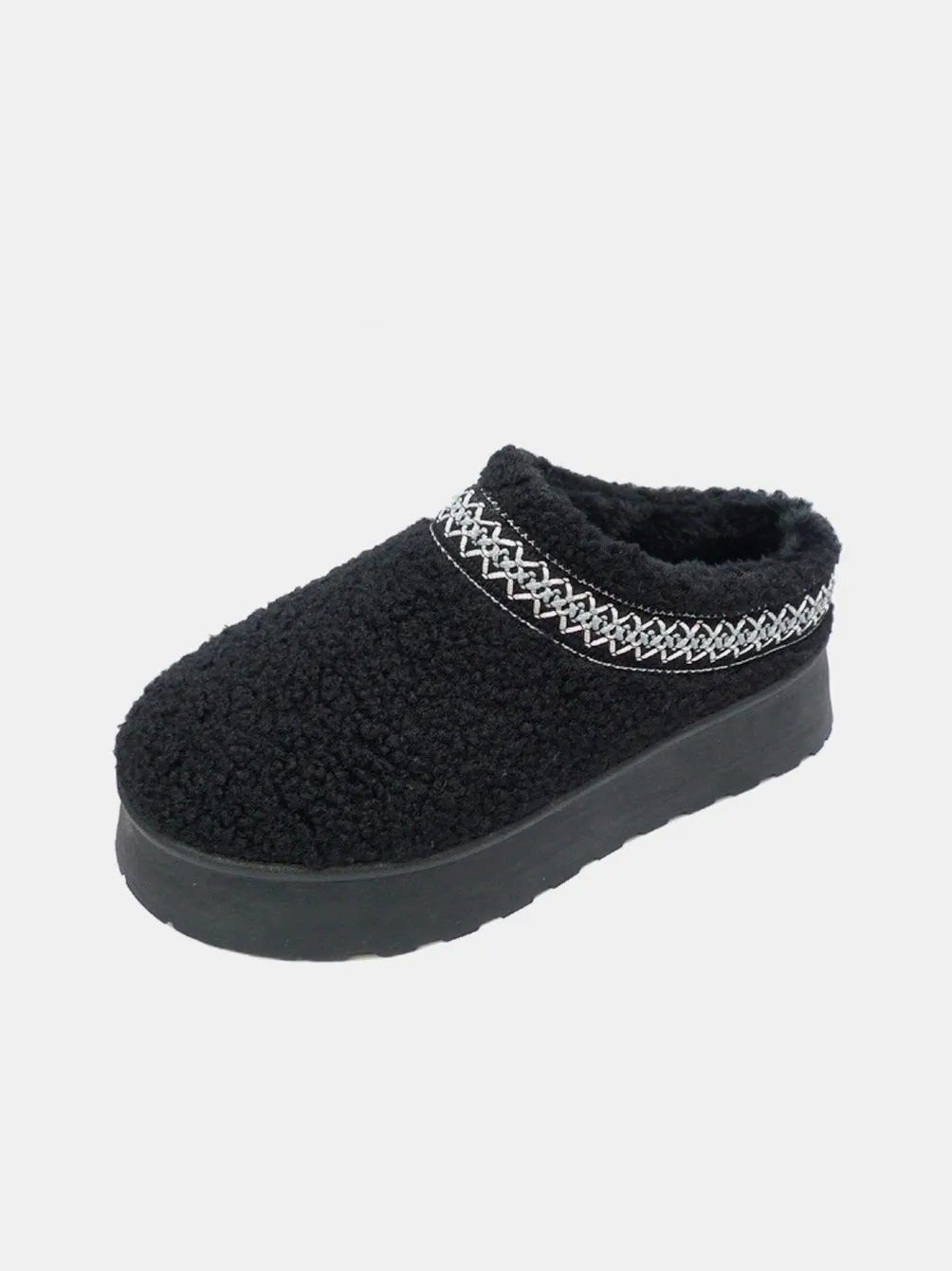 Black Embroidered Trim Platform Sherpa Slippers