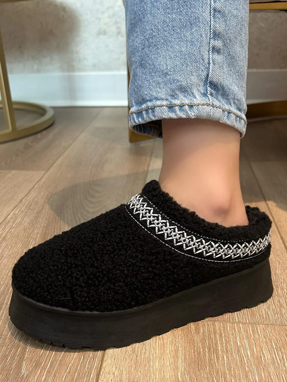 Black Embroidered Trim Platform Sherpa Slippers