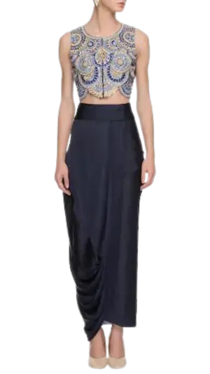 Boho Beaded Blouse with Drape Navy Skirt