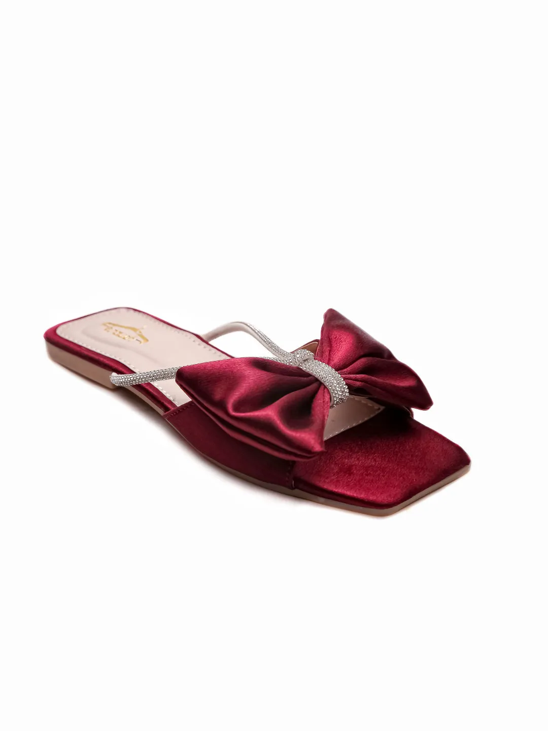 Brauch Women Maroon Rhinestone Bow Flats
