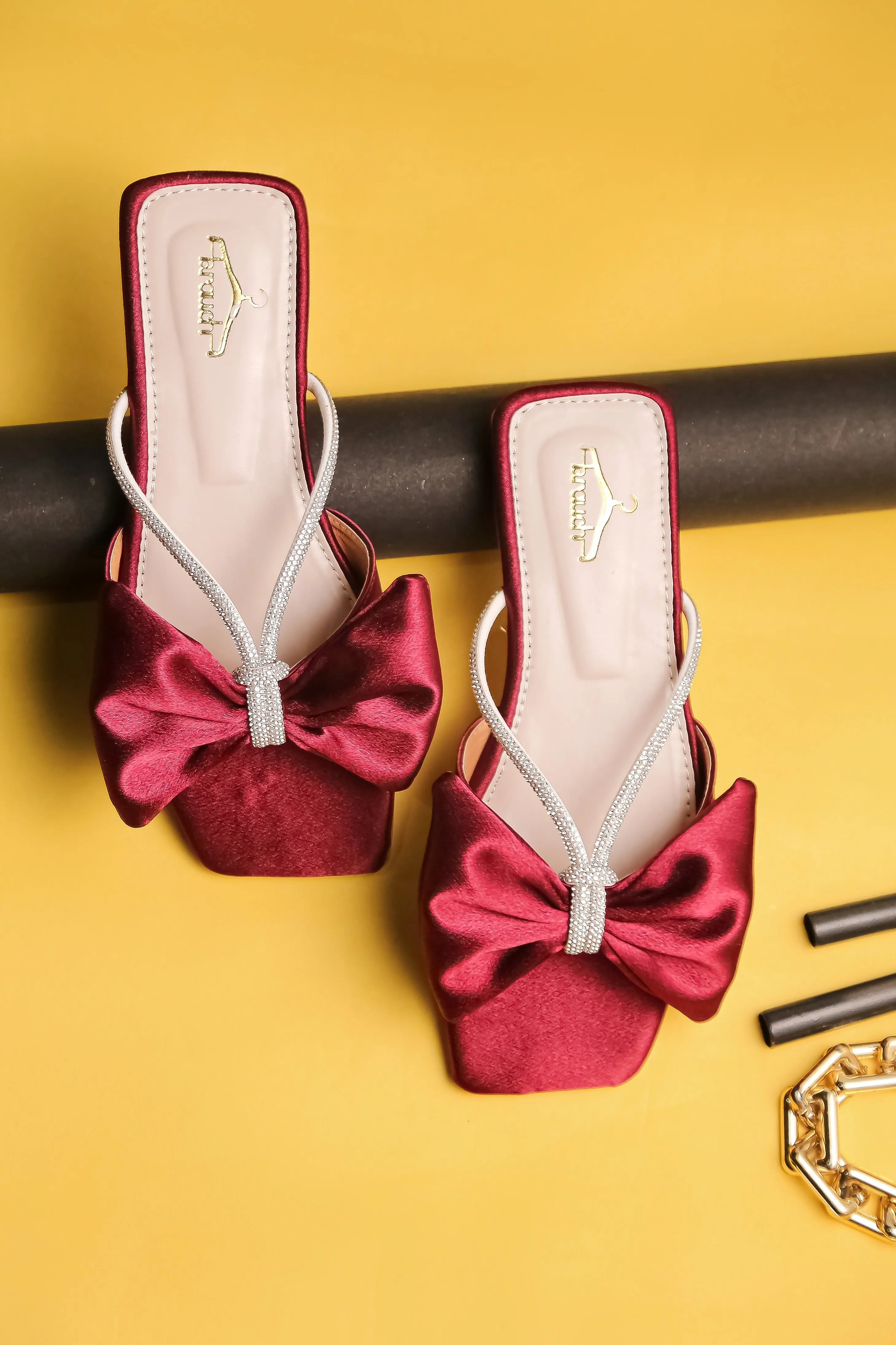 Brauch Women Maroon Rhinestone Bow Flats