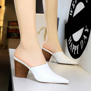 Chicvane Artificial PU Pointed Toe Mules Chunky Heel Slides Shoes