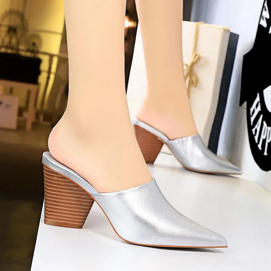 Chicvane Artificial PU Pointed Toe Mules Chunky Heel Slides Shoes