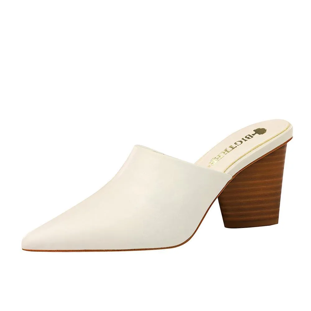 Chicvane Artificial PU Pointed Toe Mules Chunky Heel Slides Shoes