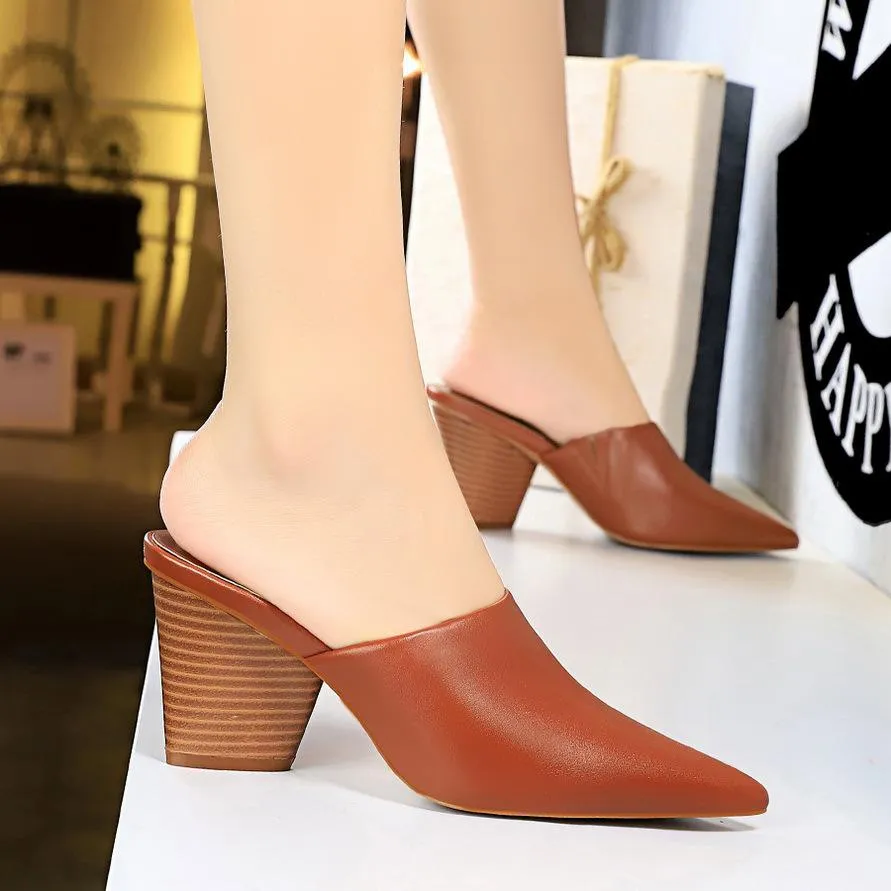 Chicvane Artificial PU Pointed Toe Mules Chunky Heel Slides Shoes