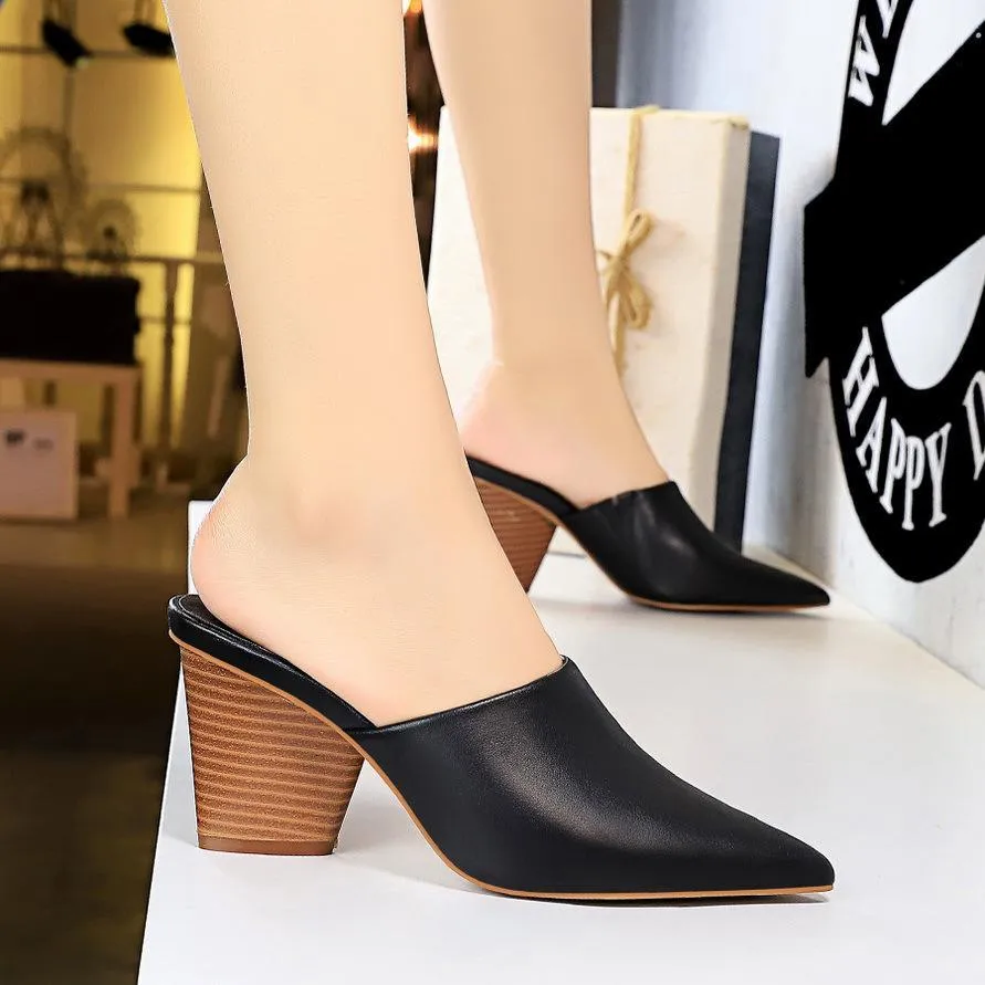 Chicvane Artificial PU Pointed Toe Mules Chunky Heel Slides Shoes