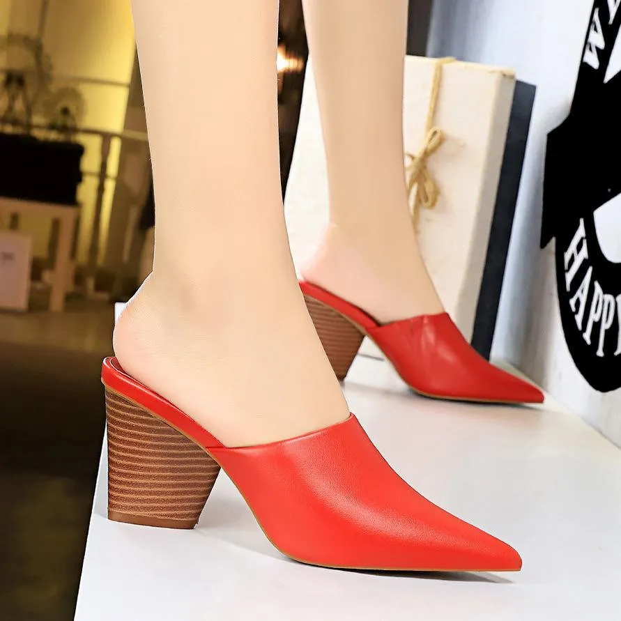 Chicvane Artificial PU Pointed Toe Mules Chunky Heel Slides Shoes