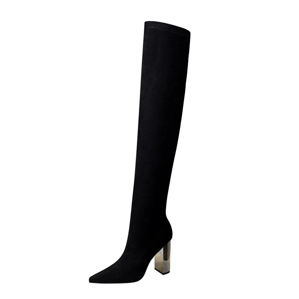 Chicvane Suede Metal Chunky Heel Pointed Toe Over The Knee Boots For Women