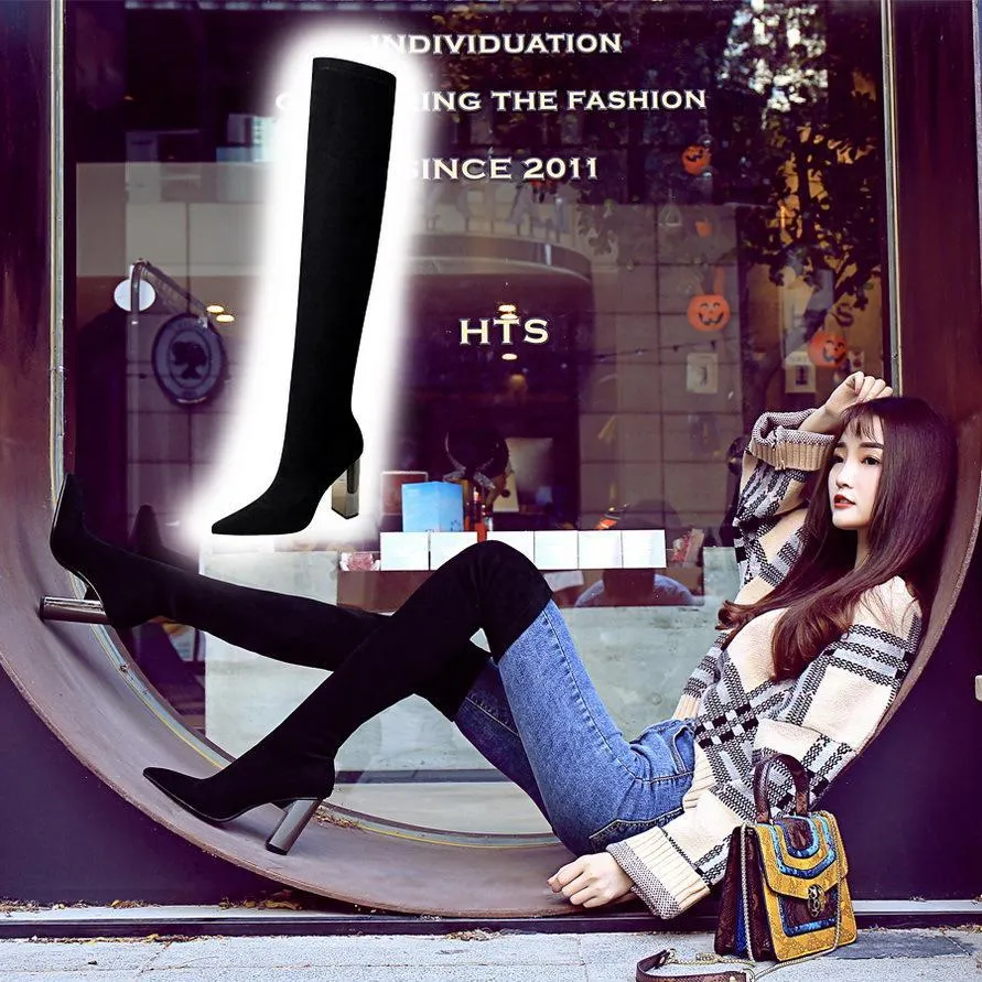 Chicvane Suede Metal Chunky Heel Pointed Toe Over The Knee Boots For Women