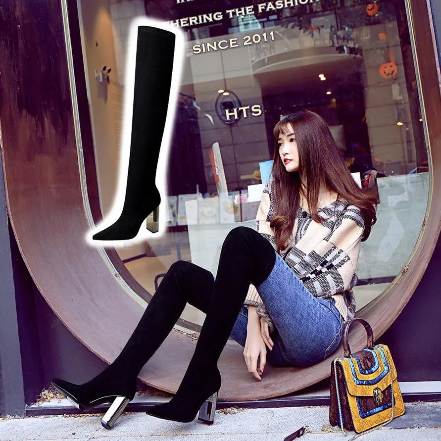 Chicvane Suede Metal Chunky Heel Pointed Toe Over The Knee Boots For Women