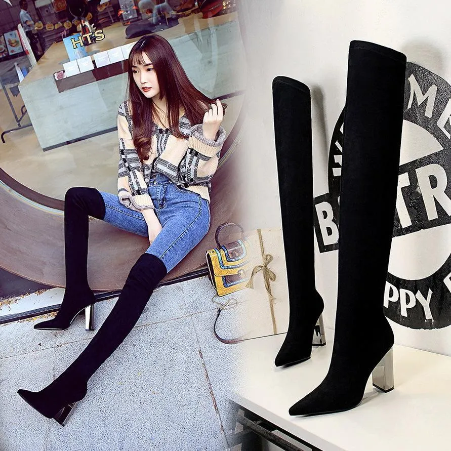 Chicvane Suede Metal Chunky Heel Pointed Toe Over The Knee Boots For Women