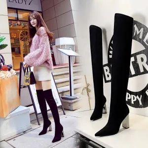 Chicvane Suede Metal Chunky Heel Pointed Toe Over The Knee Boots For Women