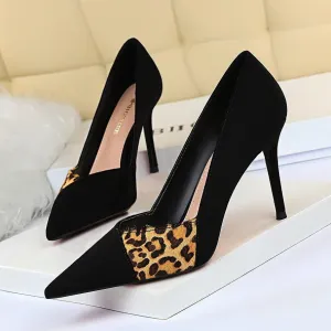 Chicvane Womens Suede Leopard Color Block Stiletto Heels Pointed Toe Pumps