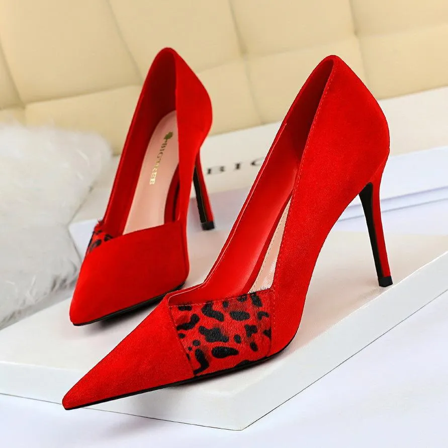 Chicvane Womens Suede Leopard Color Block Stiletto Heels Pointed Toe Pumps