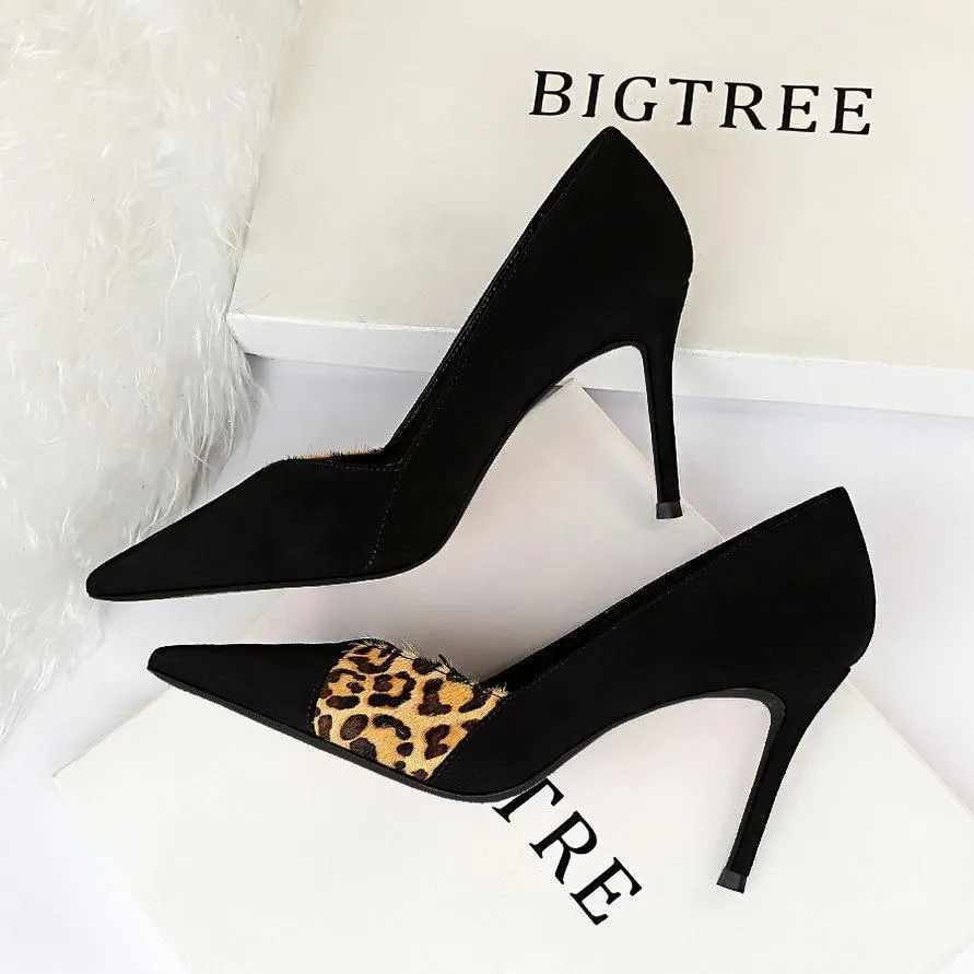 Chicvane Womens Suede Leopard Color Block Stiletto Heels Pointed Toe Pumps