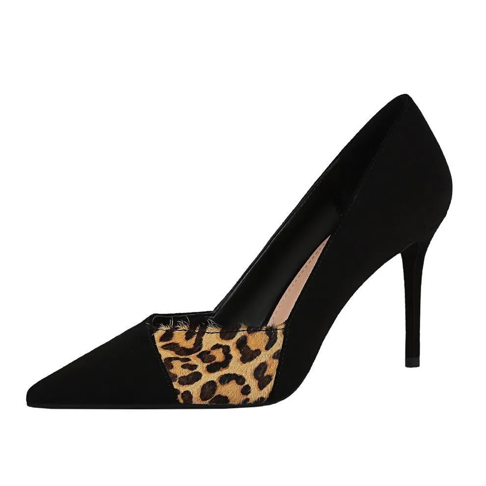 Chicvane Womens Suede Leopard Color Block Stiletto Heels Pointed Toe Pumps