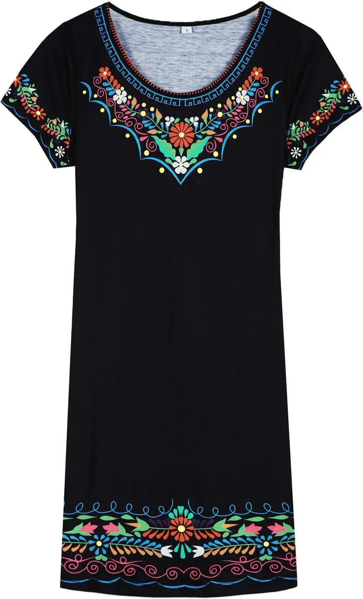 Colorful Floral Trim Black Mini Dress