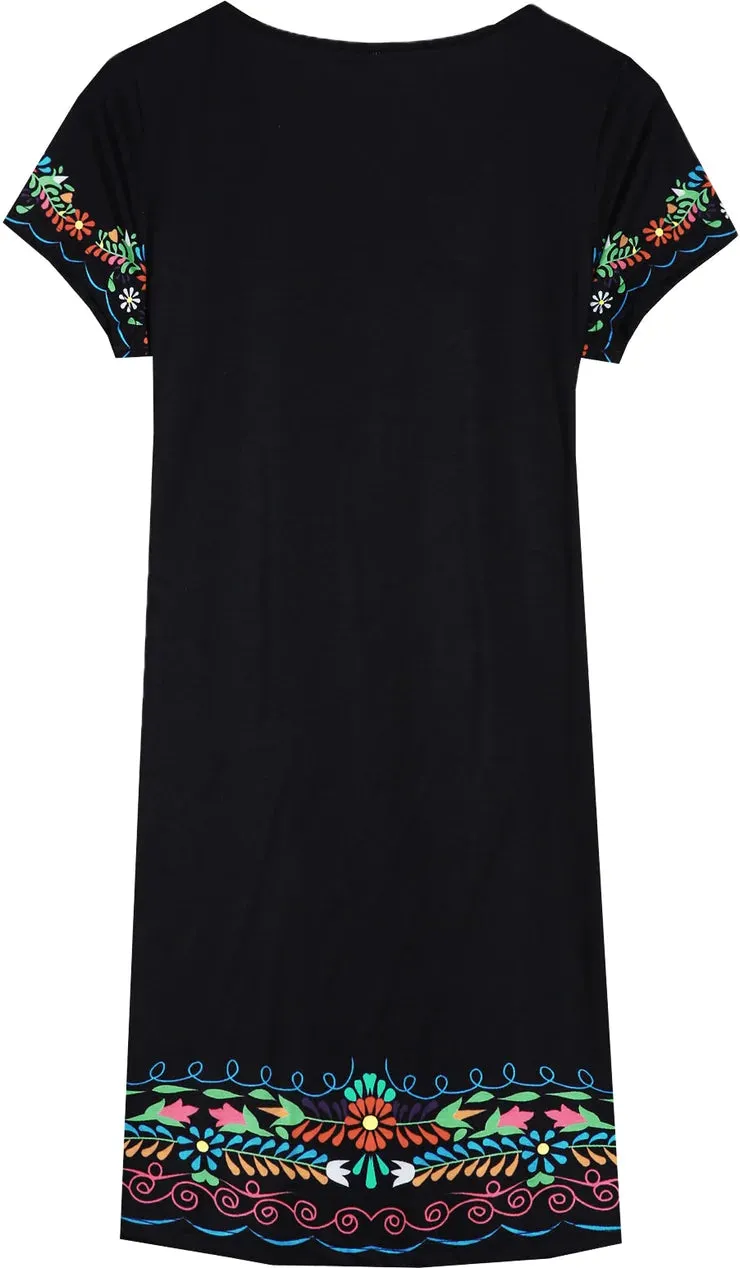 Colorful Floral Trim Black Mini Dress