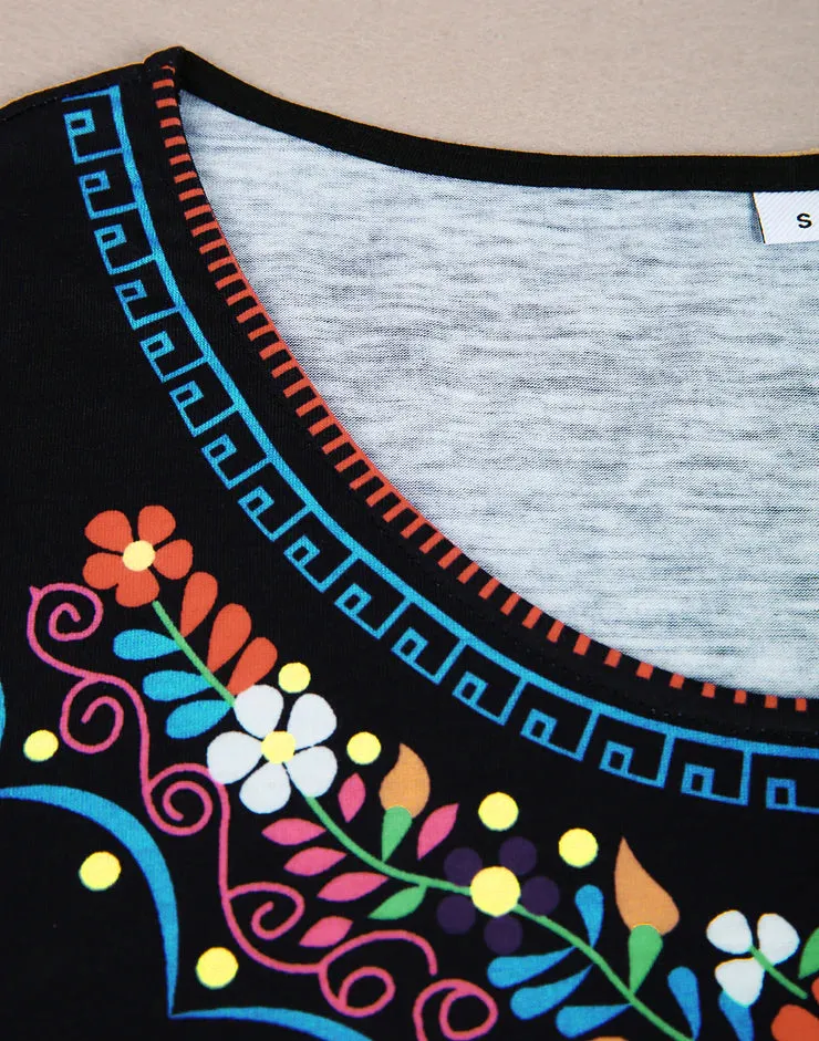 Colorful Floral Trim Black Mini Dress