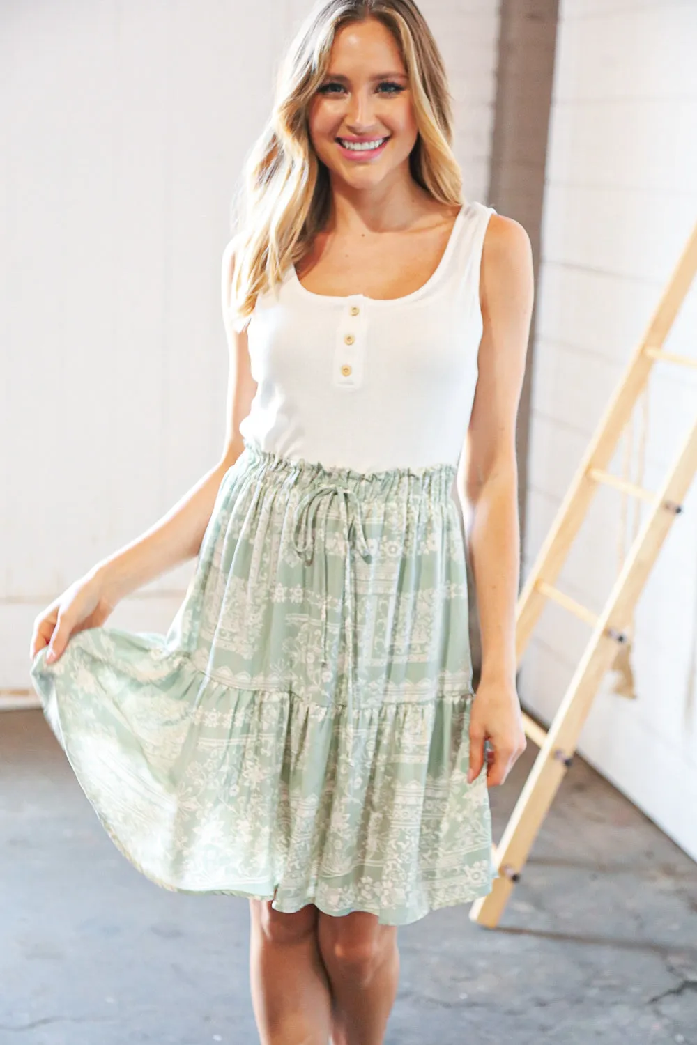 Cream Pointelle Button Detail Boho Elastic Frill Waist Dress