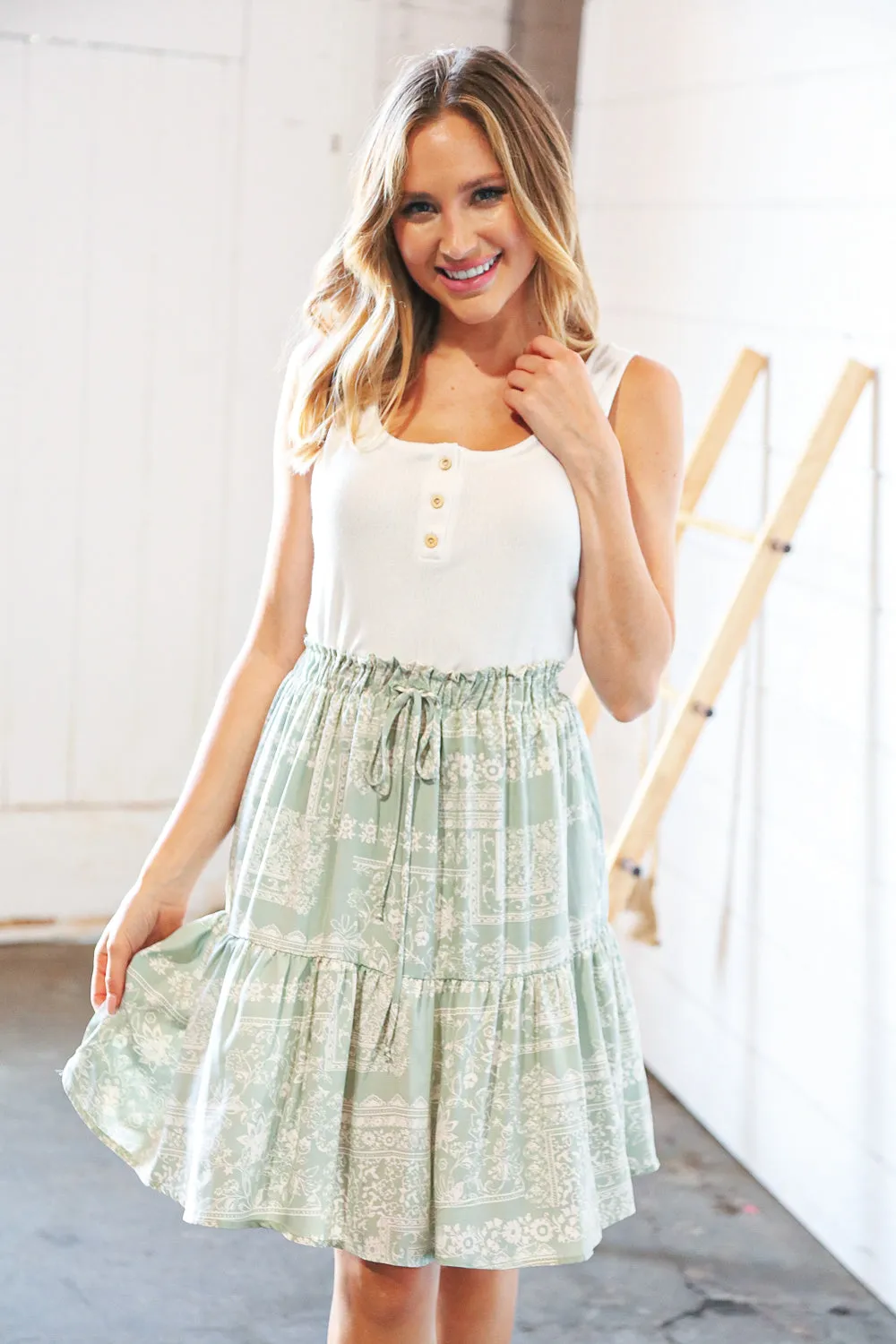 Cream Pointelle Button Detail Boho Elastic Frill Waist Dress