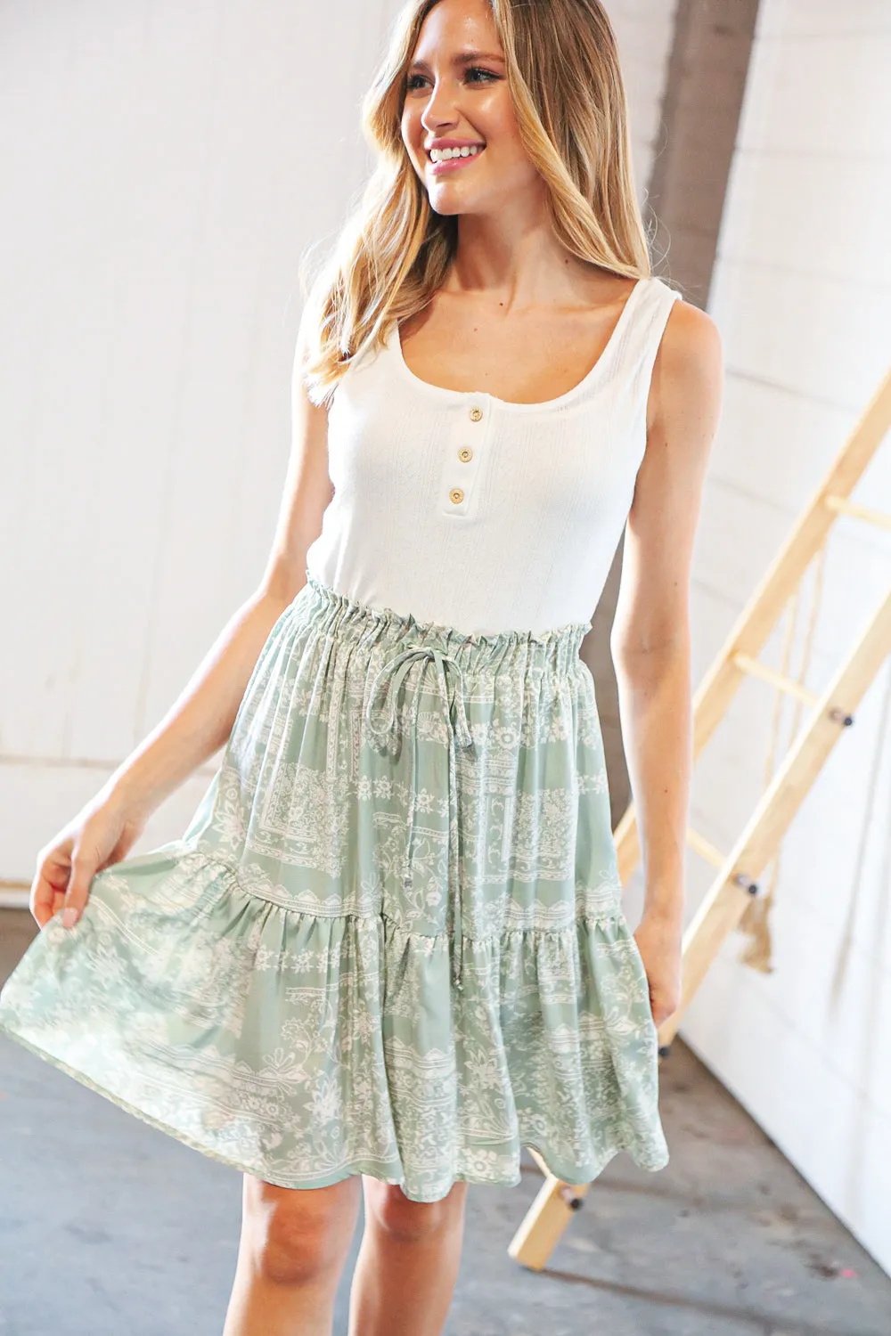 Cream Pointelle Button Detail Boho Elastic Frill Waist Dress