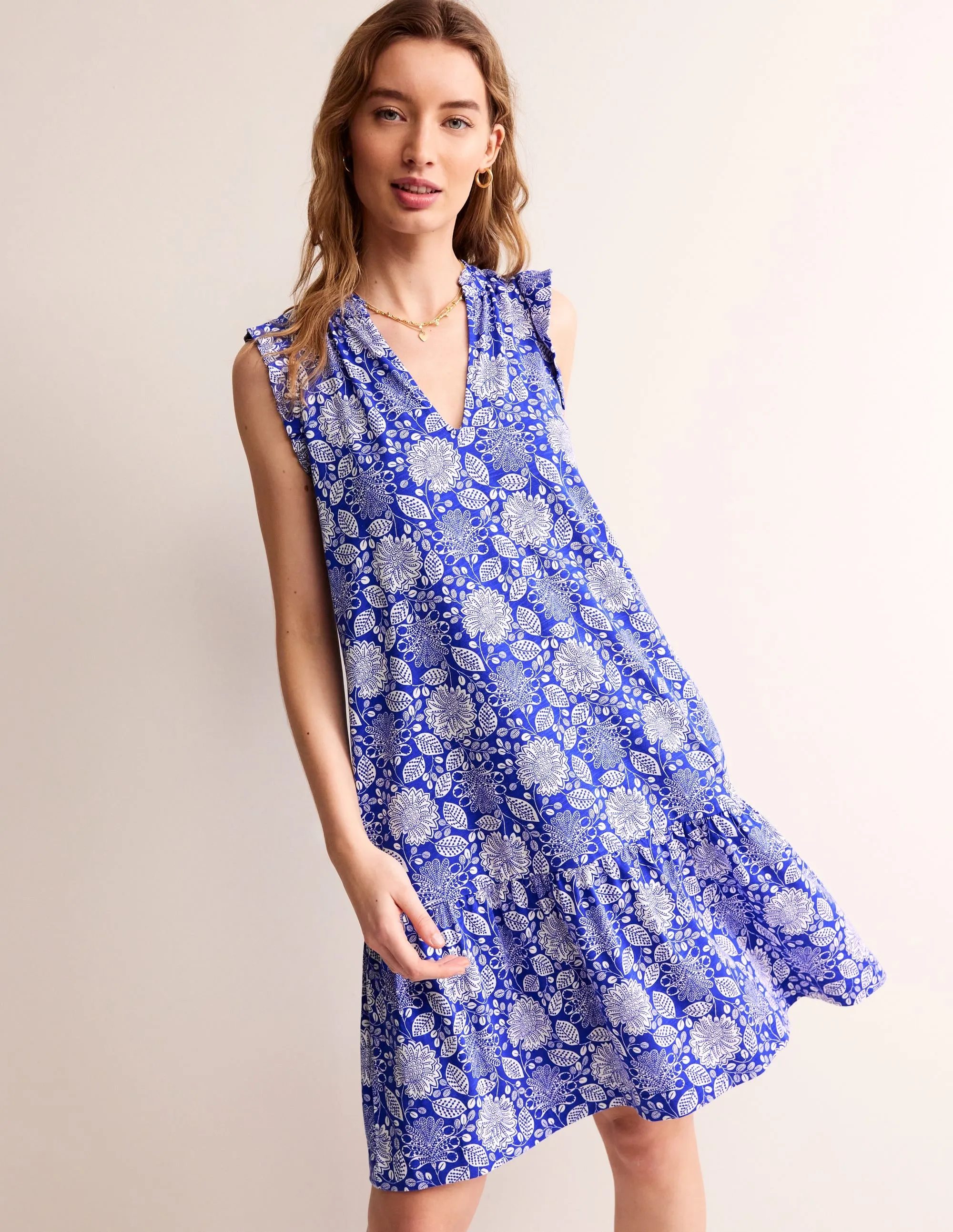 Daisy Jersey Short Tier Dress-Surf The Web, Gardenia Swirl