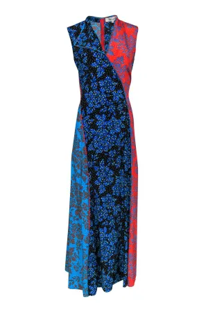 Diane von Furstenberg - Blue & Red Printed Floral Polka Dot Maxi Dress Sz 6