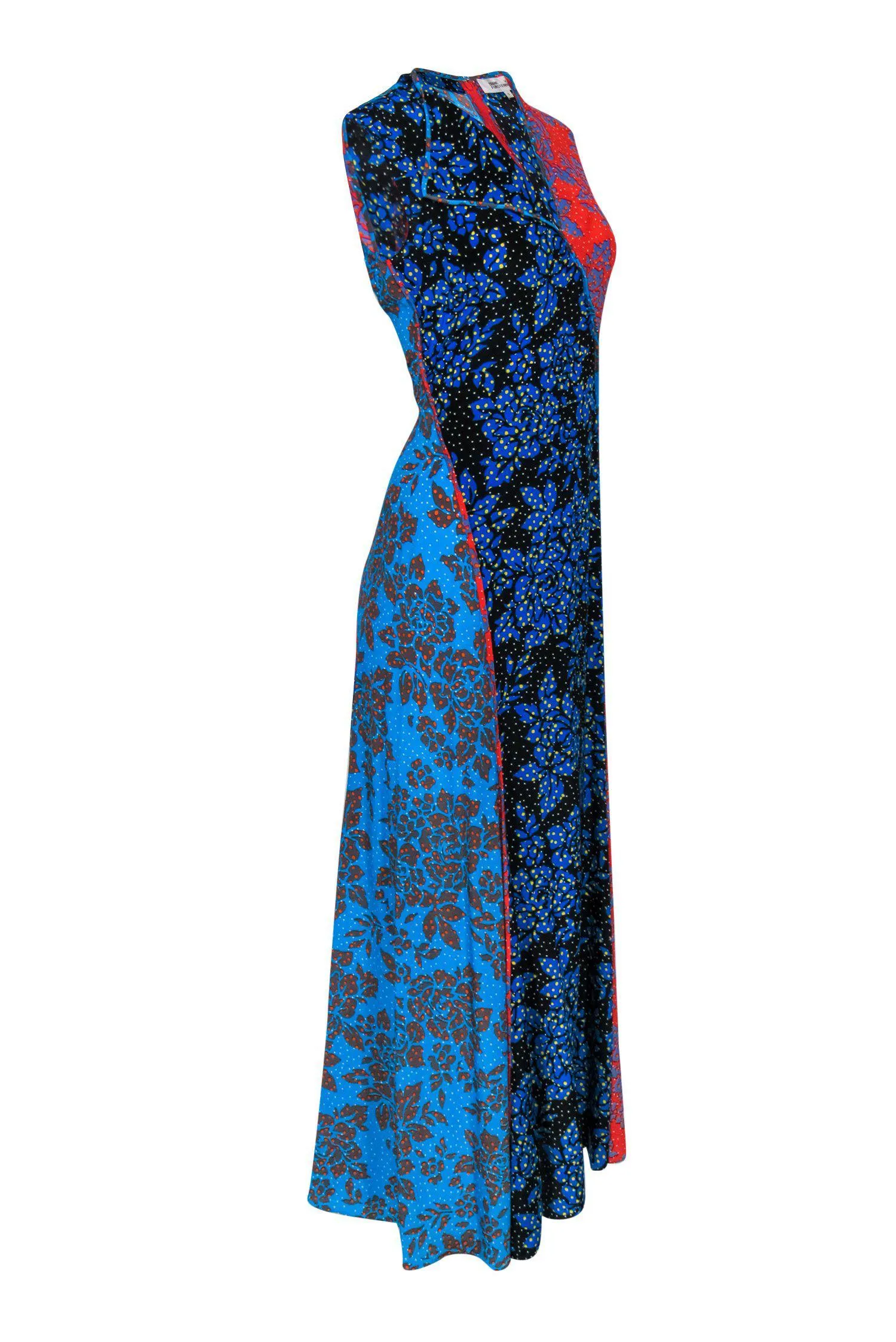 Diane von Furstenberg - Blue & Red Printed Floral Polka Dot Maxi Dress Sz 6