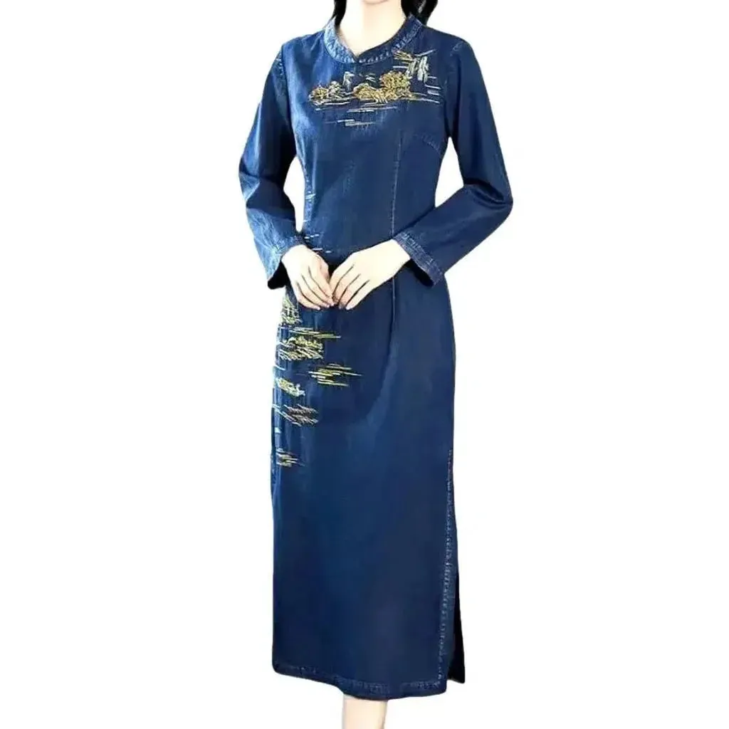 Embroidered long jean dress