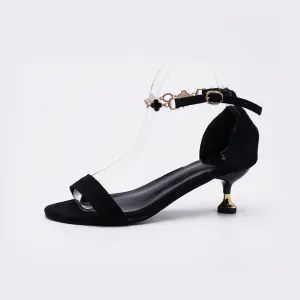 European Chic Black Suede Ankle Strap Kitten Heel Sandals