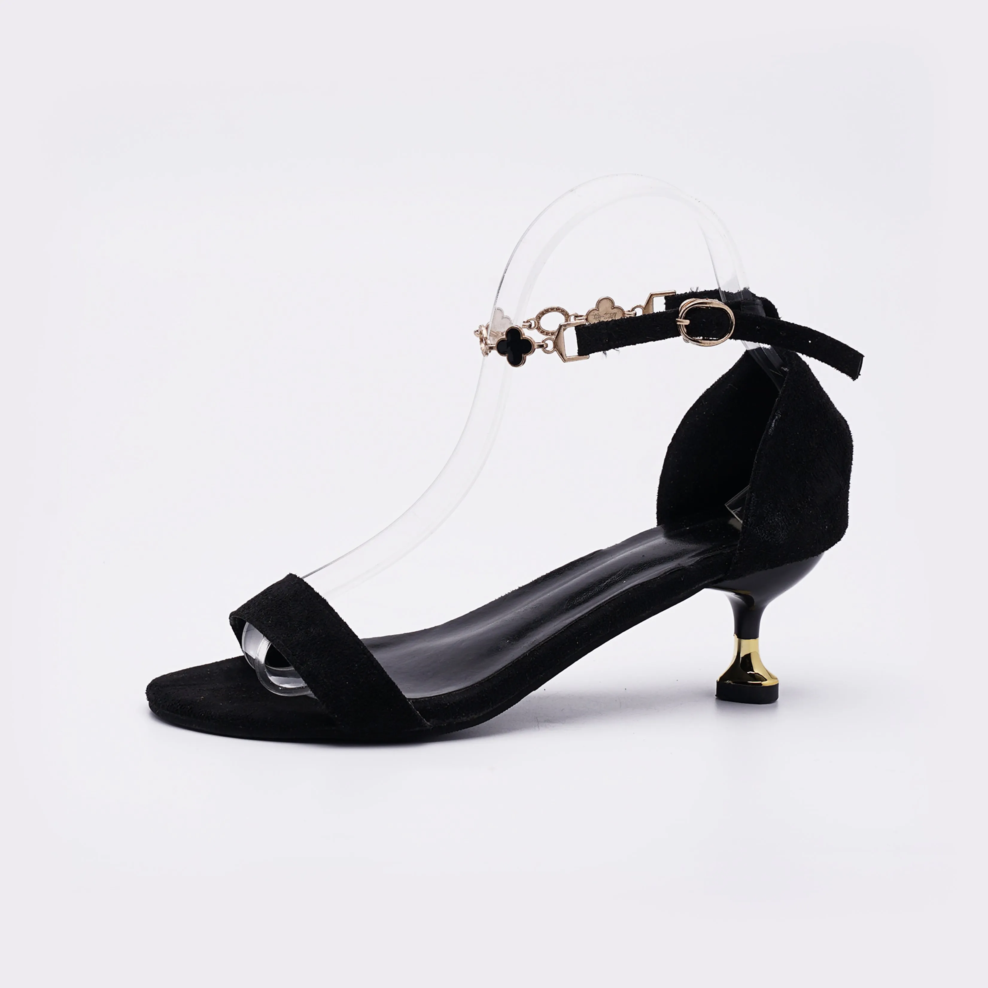 European Chic Black Suede Ankle Strap Kitten Heel Sandals