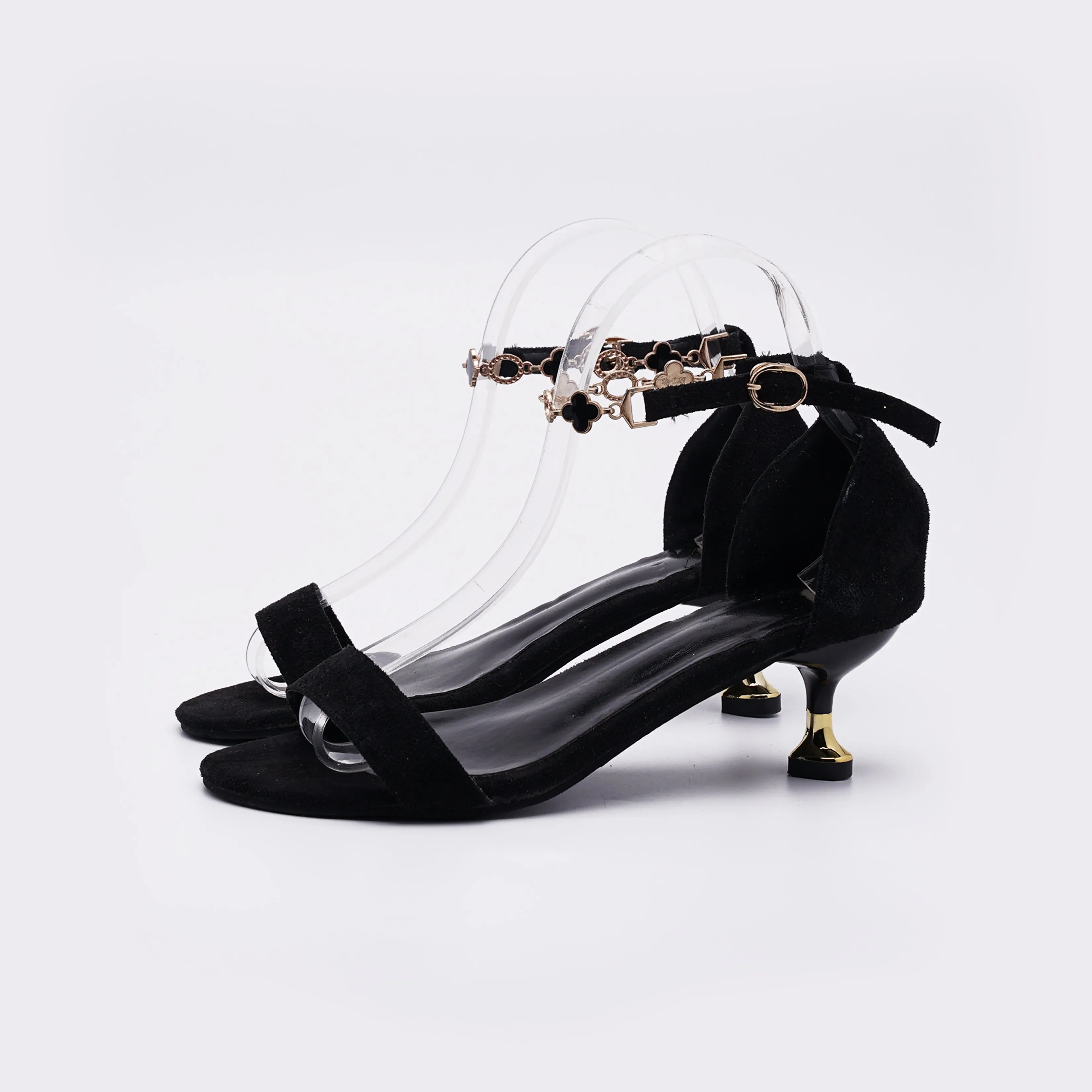 European Chic Black Suede Ankle Strap Kitten Heel Sandals