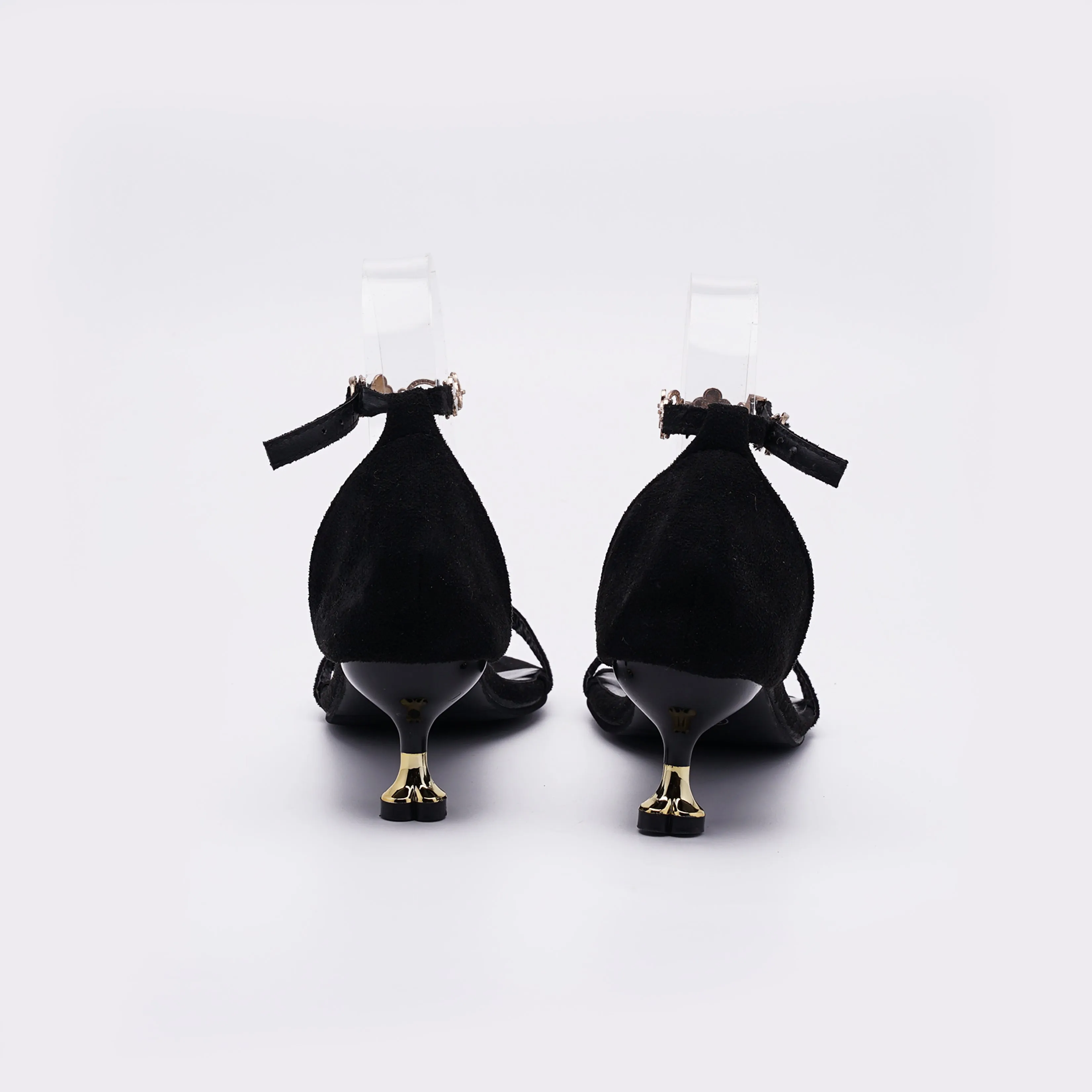 European Chic Black Suede Ankle Strap Kitten Heel Sandals