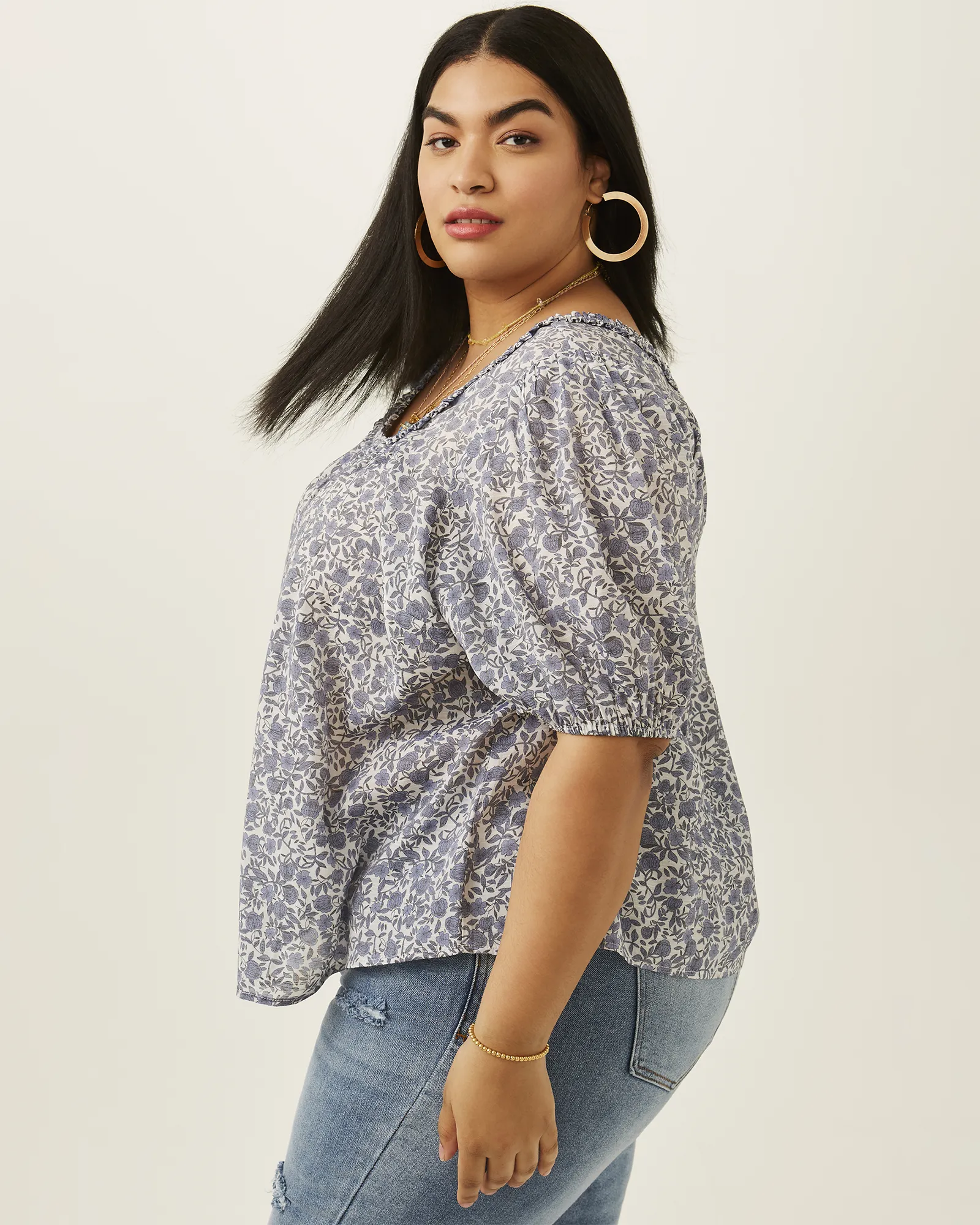 Everlene Calico Floral Puff Sleeve Top | White / Azure Blue