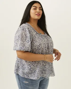 Everlene Calico Floral Puff Sleeve Top | White / Azure Blue
