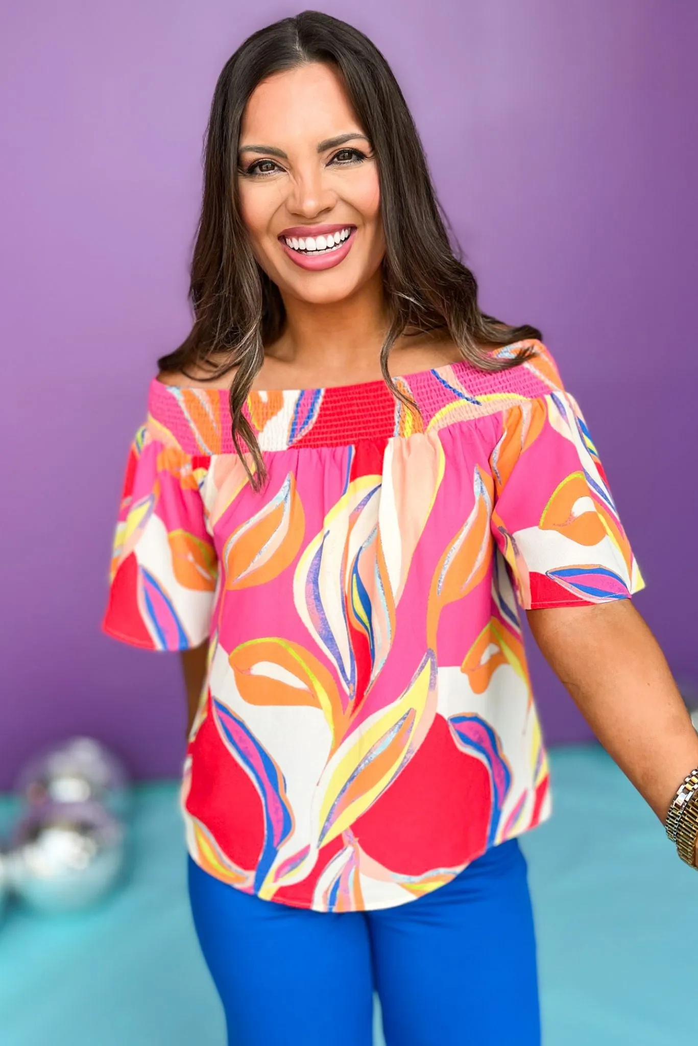 Fuchsia Multi Print Smocked Off Shoulder Neck Short Flutter Sleeve Top *FINAL SALE*