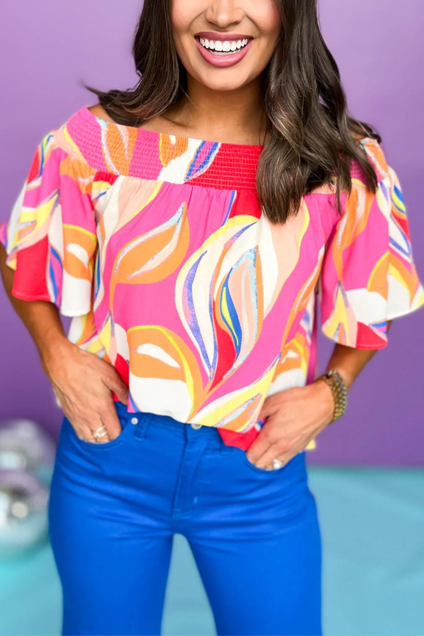 Fuchsia Multi Print Smocked Off Shoulder Neck Short Flutter Sleeve Top *FINAL SALE*