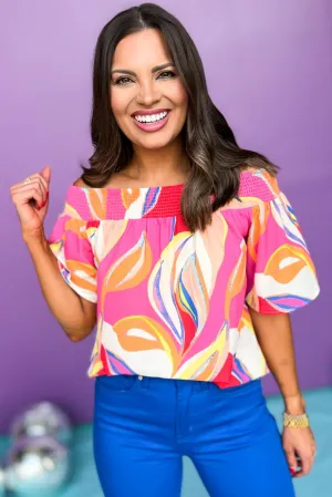 Fuchsia Multi Print Smocked Off Shoulder Neck Short Flutter Sleeve Top *FINAL SALE*